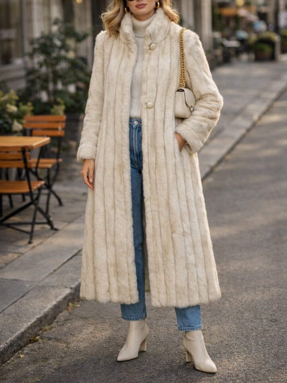 SASSON Vintage Ivory Plush Long Faux Fur Coat